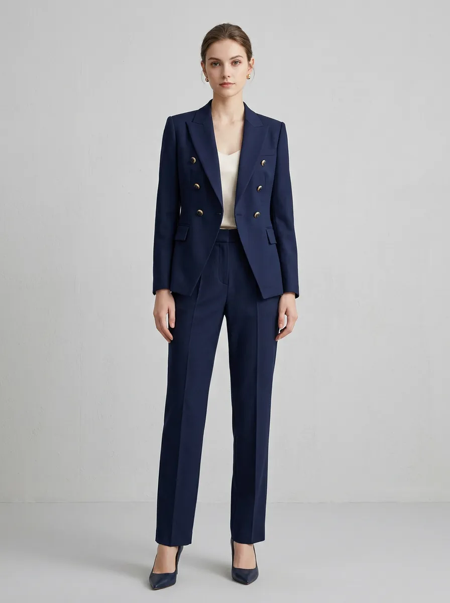 Women's Notched Lapel Business Professional Navy Double-Breasted Blazer Trouser Suit