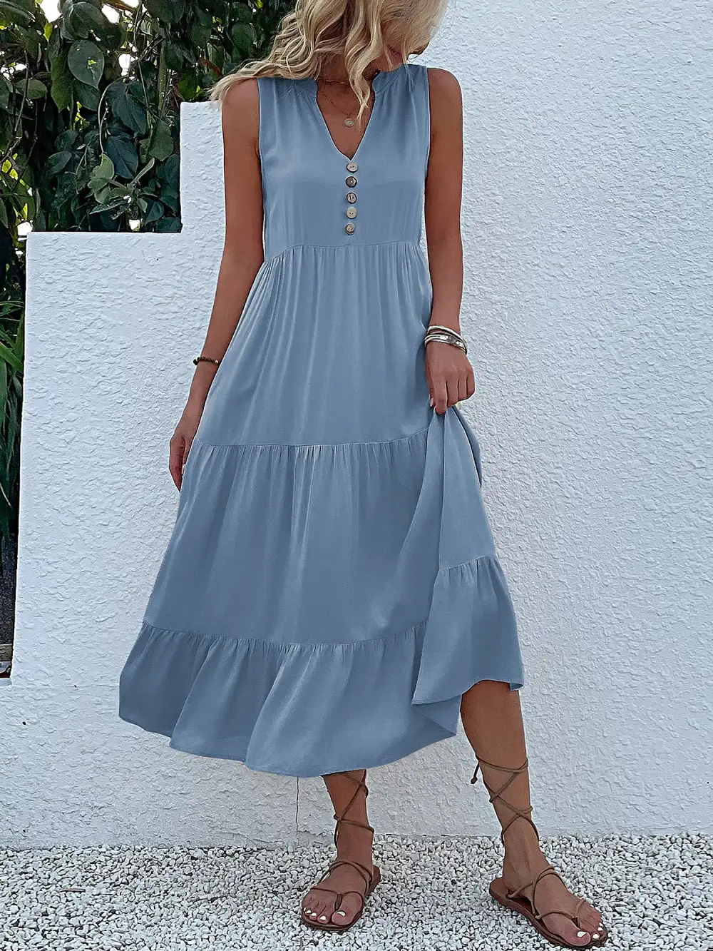 Notch-Neck Buttoned Sleeveless Tiered Midi Dress