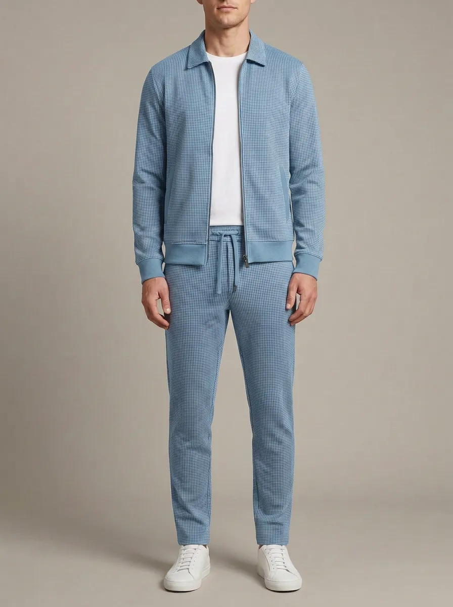 Men's Textured Houndstooth Polo Collar Jacket and Jogger Pants Set