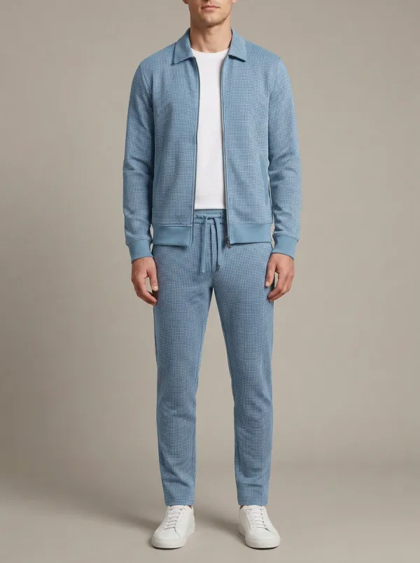 Men's Textured Houndstooth Polo Collar Jacket and Jogger Pants Set