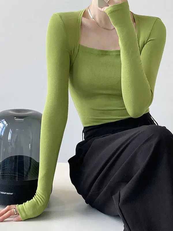 Square Neck Long Sleeve Slim T-Shirt