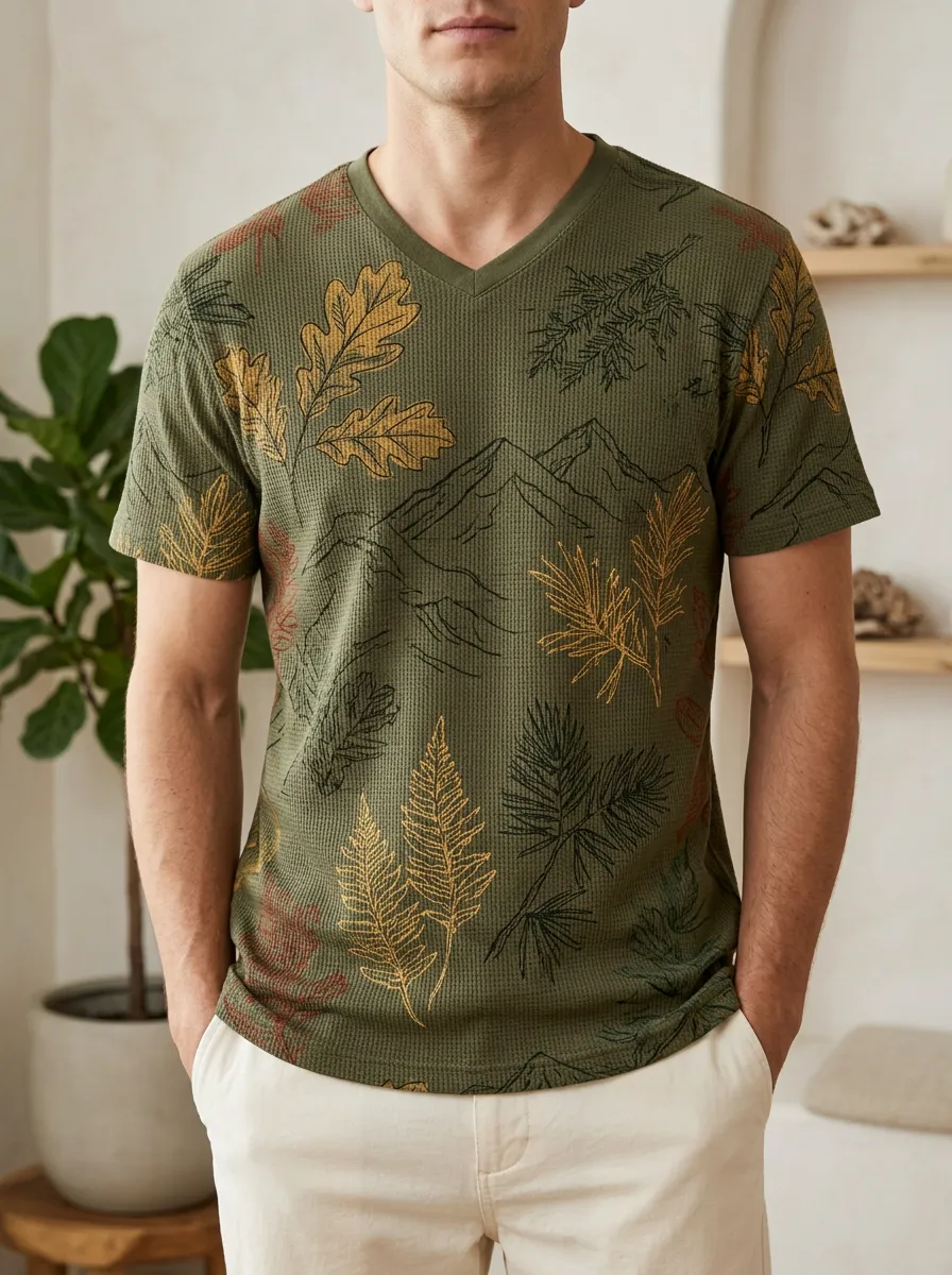Men's Nature Lover Mountain Forest Leaves Printed V-Neck T-Shirt