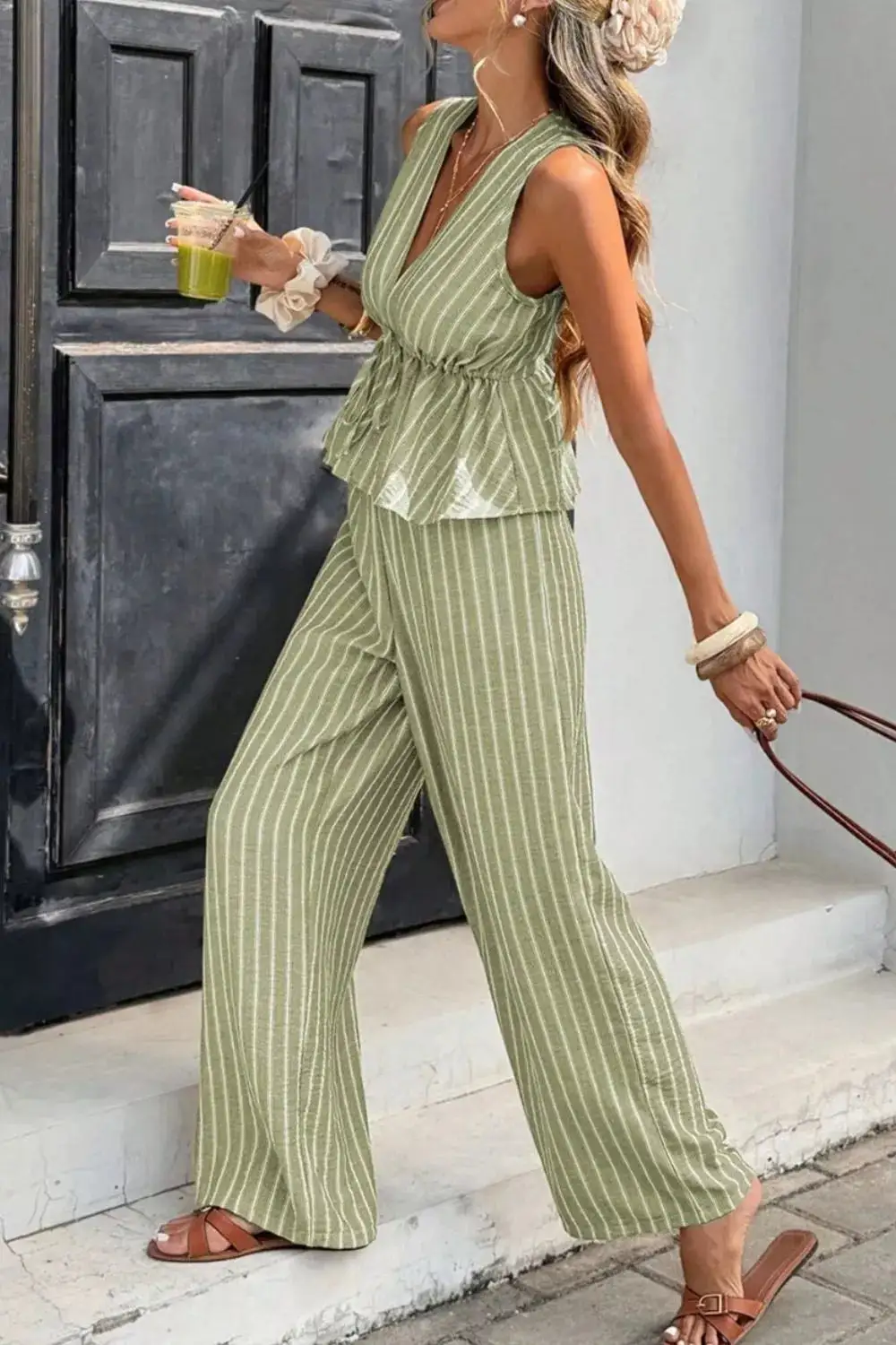 Textured Striped Sleeveless Top and Wide Leg Pants Set