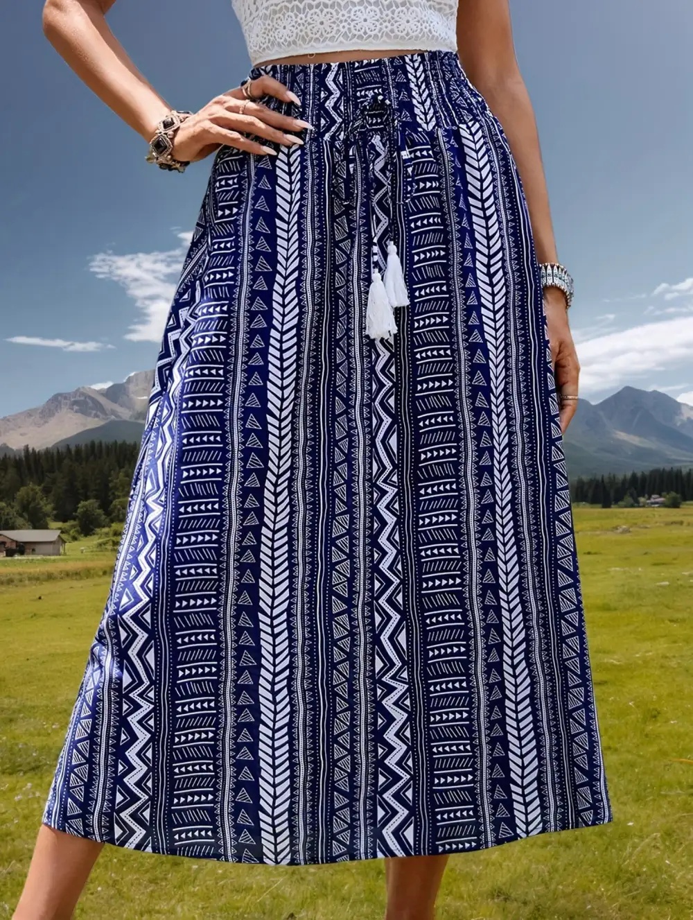 Boho Fringe Belt Tie Midi Skirt