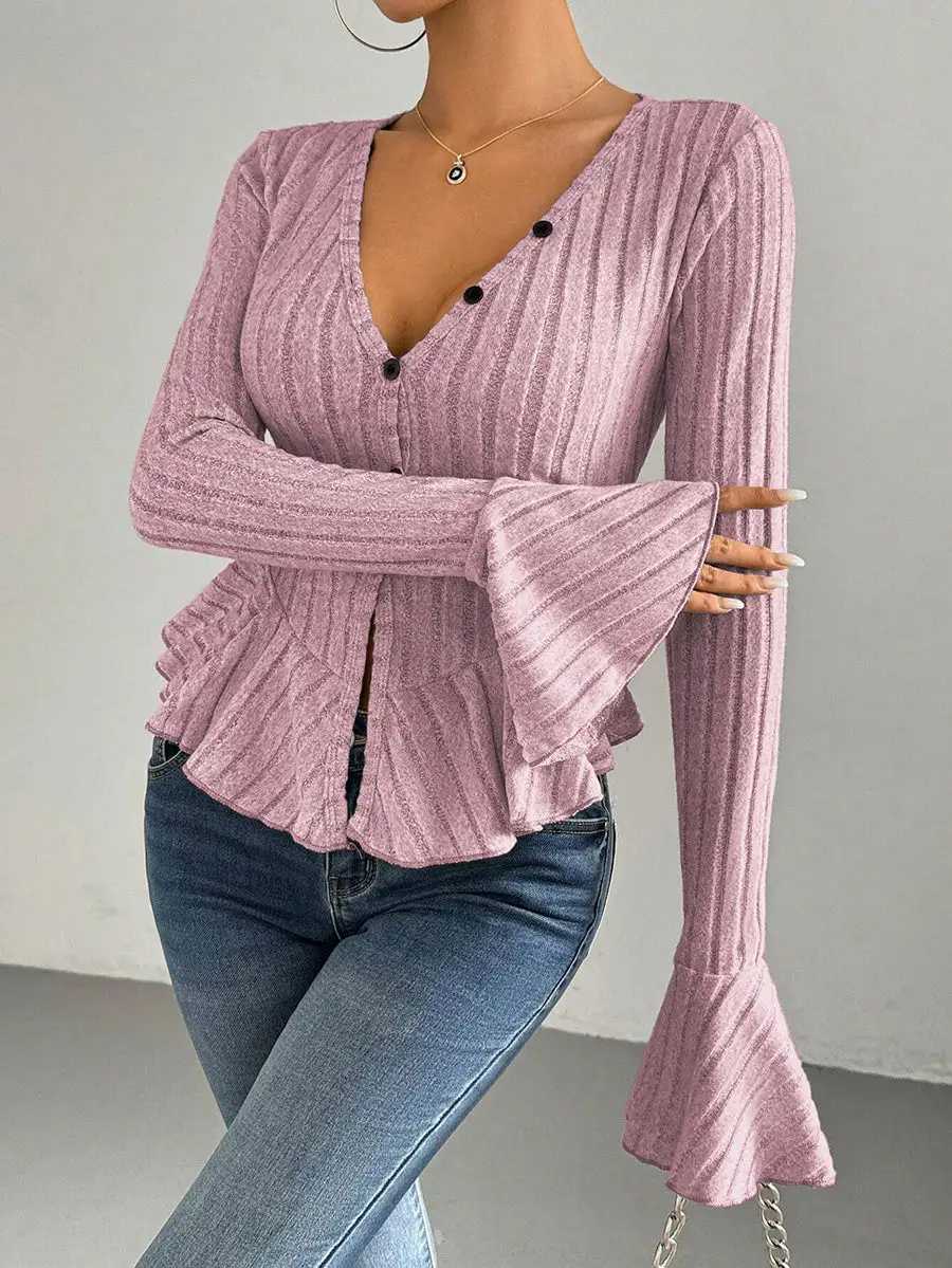 Flared Sleeve Long Sleeve Button Detail Ruffle Panel Detail Deep V-Neck T-Shirt