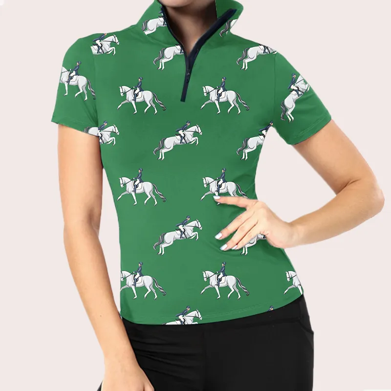 Women's Riding Style Horse Rider Print Short Sleeve Casual Shirt
