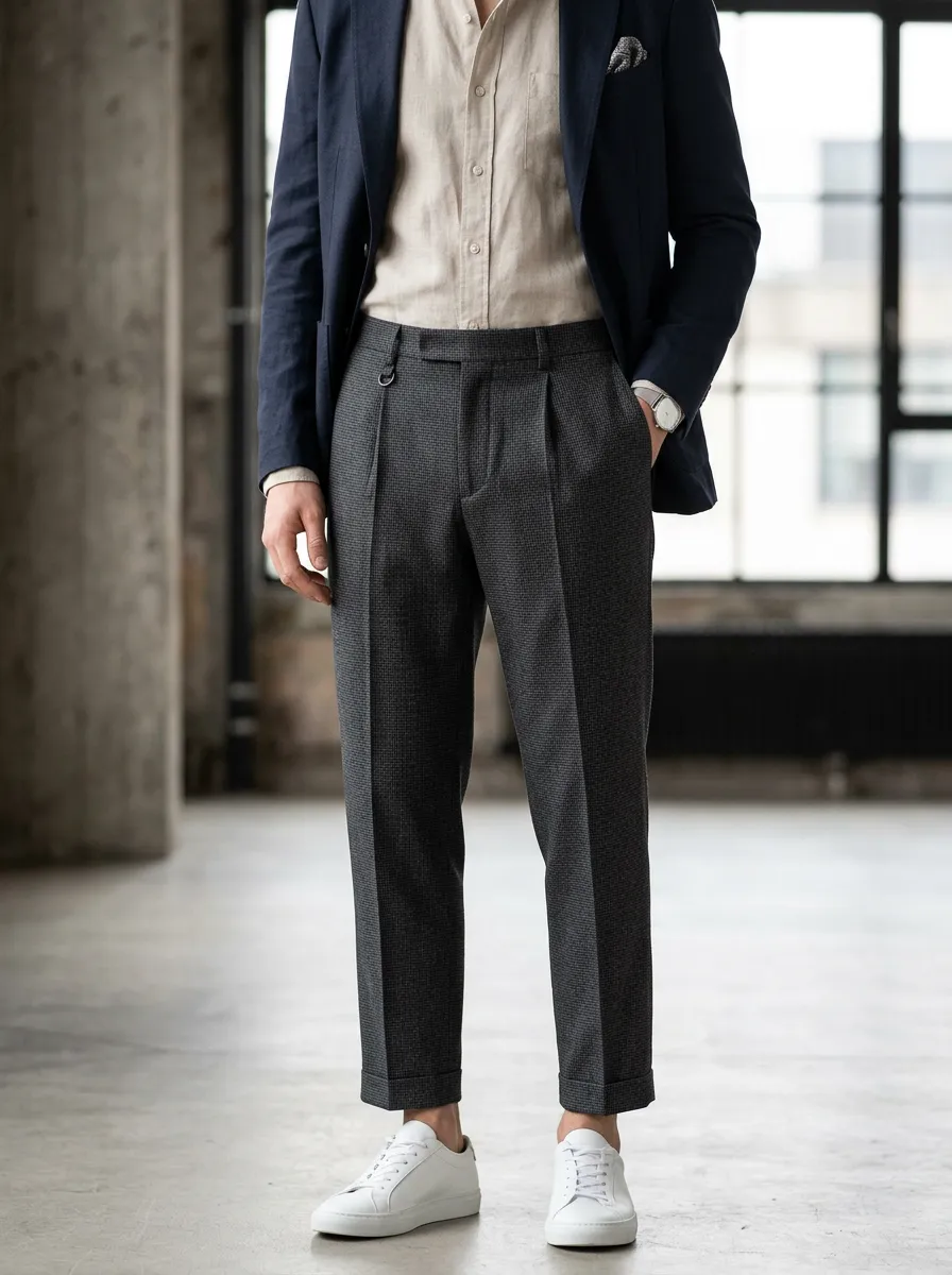 Men's Business Casual Grey Micro-check Patterned Trousers