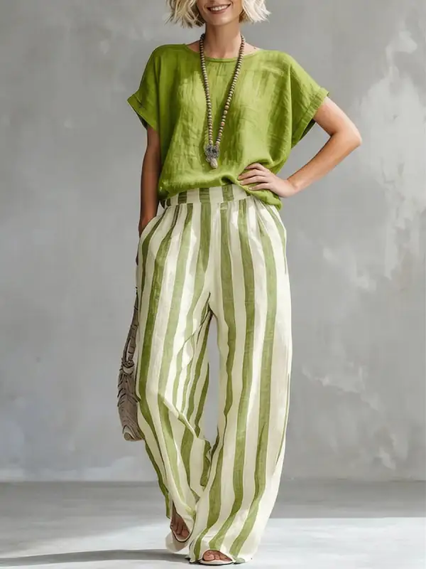 Round Neck Striped Tee And Pants Set