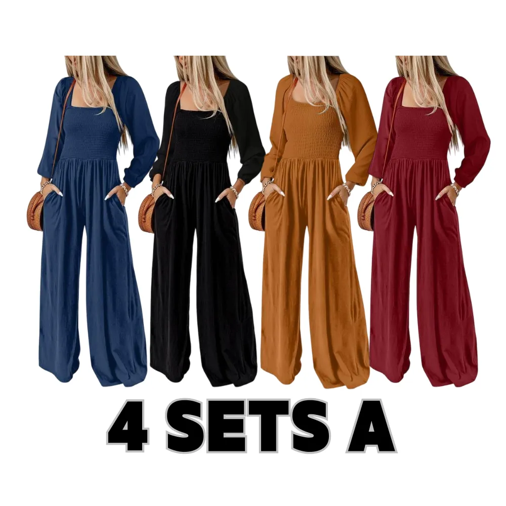 Women's Wide Leg Jumpsuit - Long Sleeve Loose Fit Overalls with Pockets