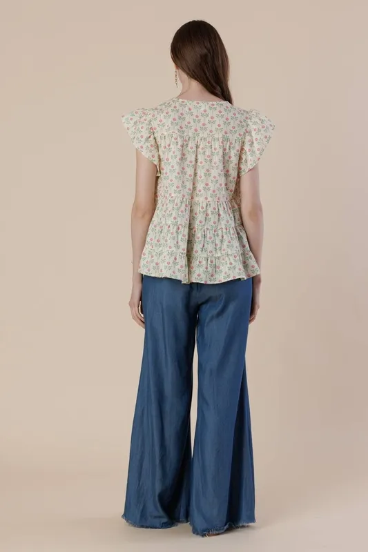 Floral Flutter Sleeve Tiered Blouse
