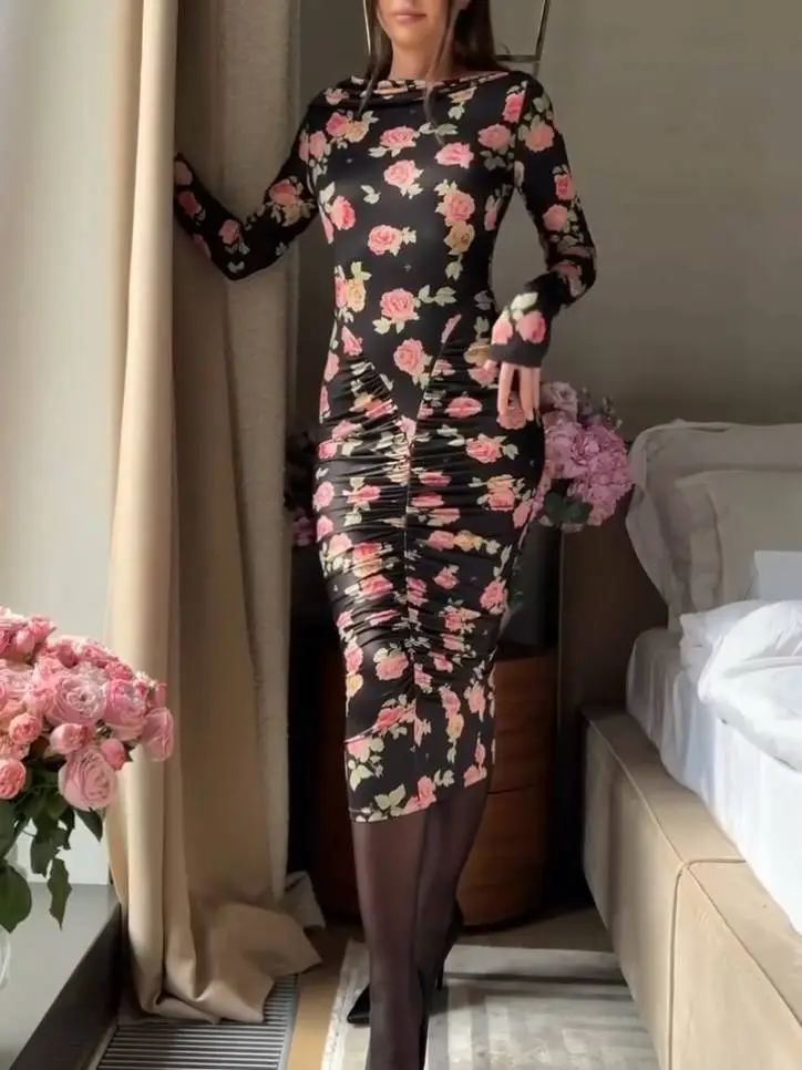 Distinctive Boat Neck Floral Print Pleated Midi Dress