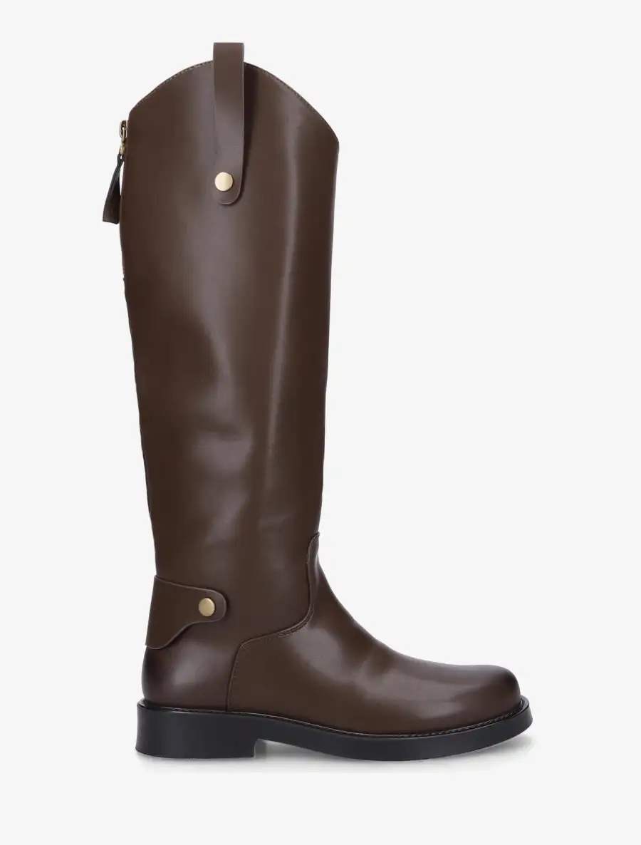 Classic Detailed Block Heel Faux Leather Knee High Boots