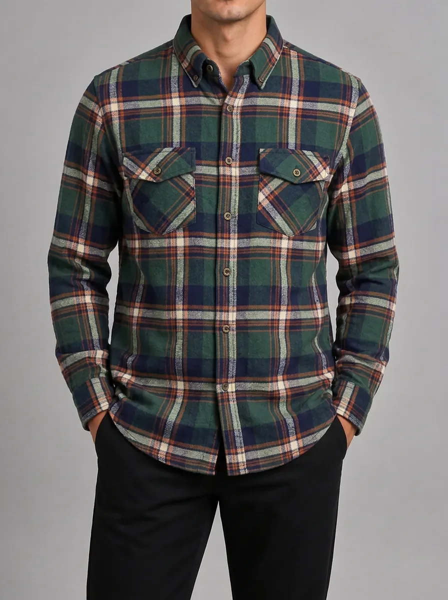 Men's Casual Green Plaid Patterned Button-Down Flannel Shirt