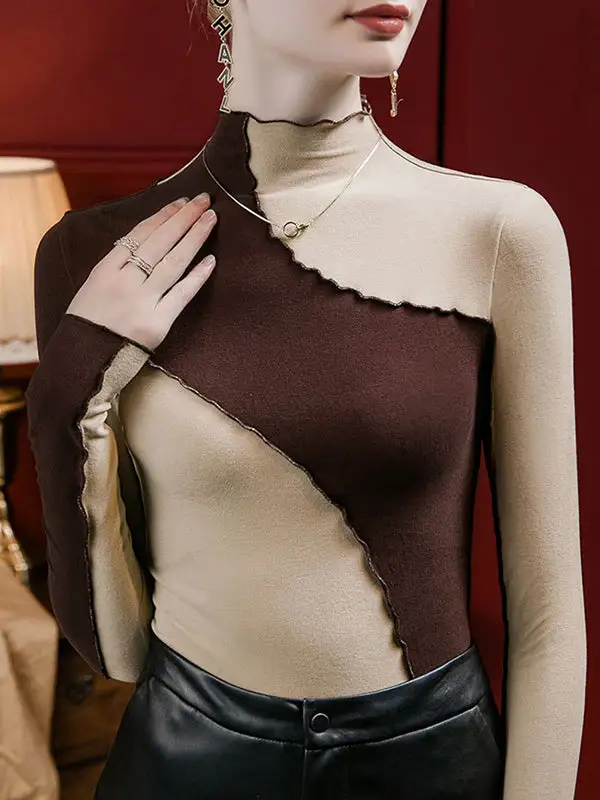 Long Sleeve Curve Fit Contrast Ruffle Trim Panel Detail Mock Neck T-Shirt
