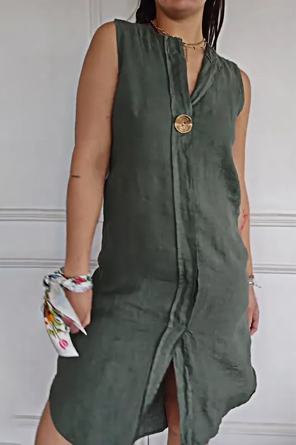 9PACK-Cotton And Linen Button Sleeveless Dress