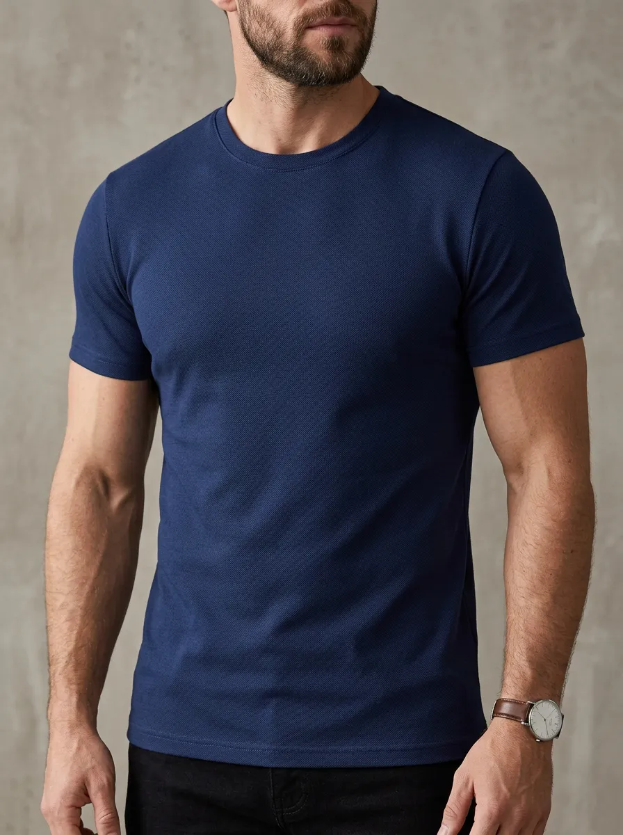 Classic Ribbed Textured Crew Neck Design Men's Slim Fit Short Sleeve T-Shirt
