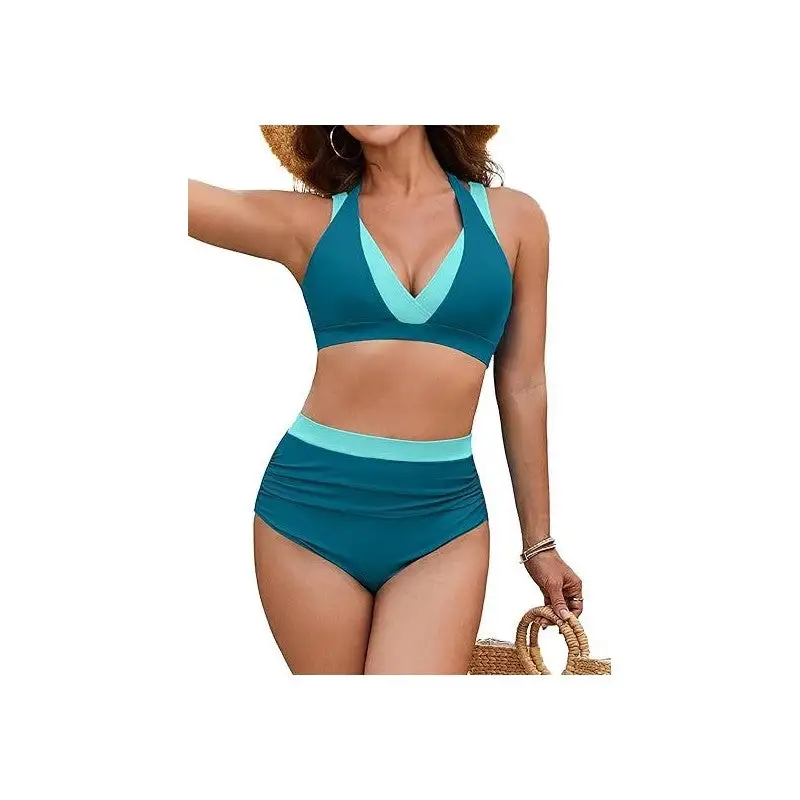 Two-tone Halter High-waist Bikini