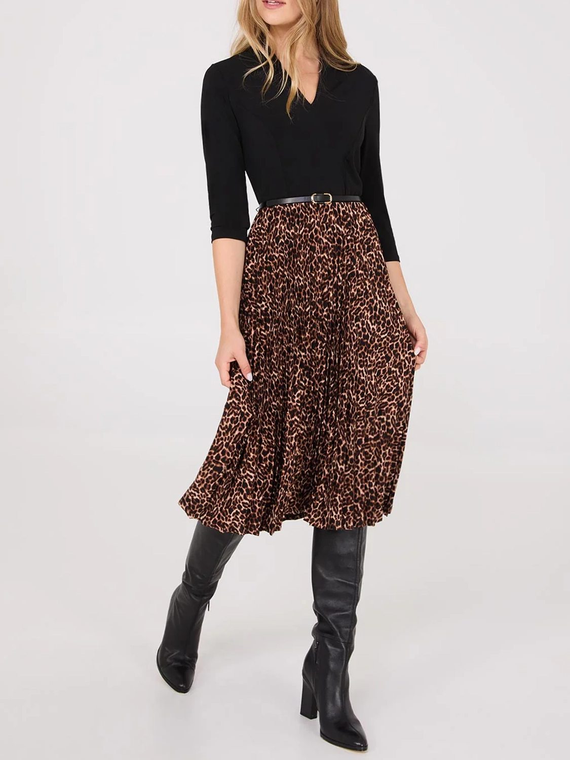 Leopard Print Belted Midi Dress