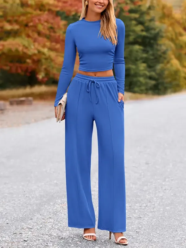 Women's 2-Piece Ribbed Knit Long Sleeve Crop Top Wide Leg Pants Matching Lounge Set Loungewear