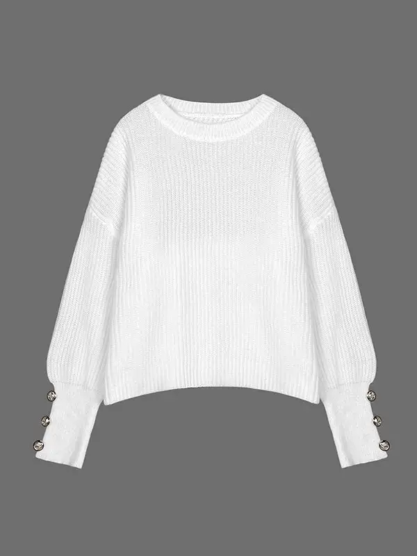 Paneled Button Detail Round Neck Long Sleeve Relaxed Fit Pullover Sweater