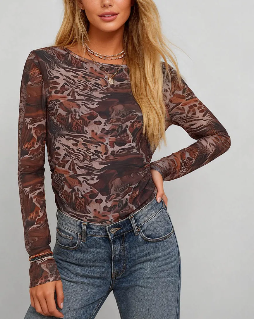 Round Neck Long Sleeves Mesh Top