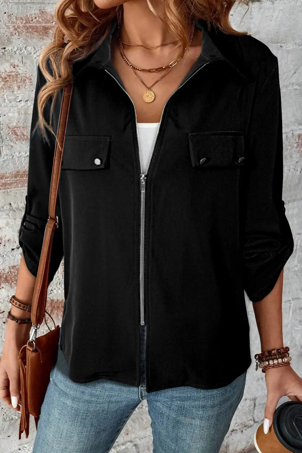 Collar Tab Sleeve Zip-Up Flap Detail Jacket
