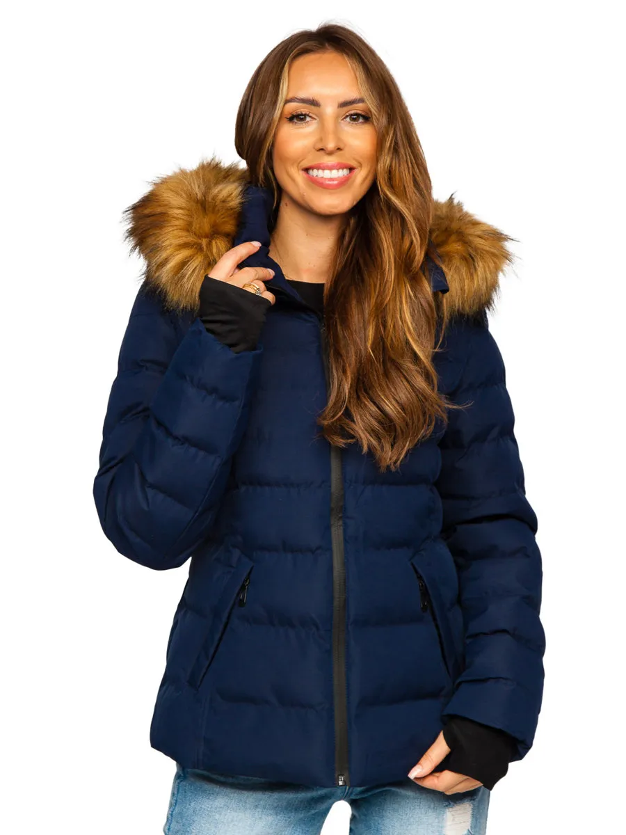 Dark blue women's quilted winter jacket with hood