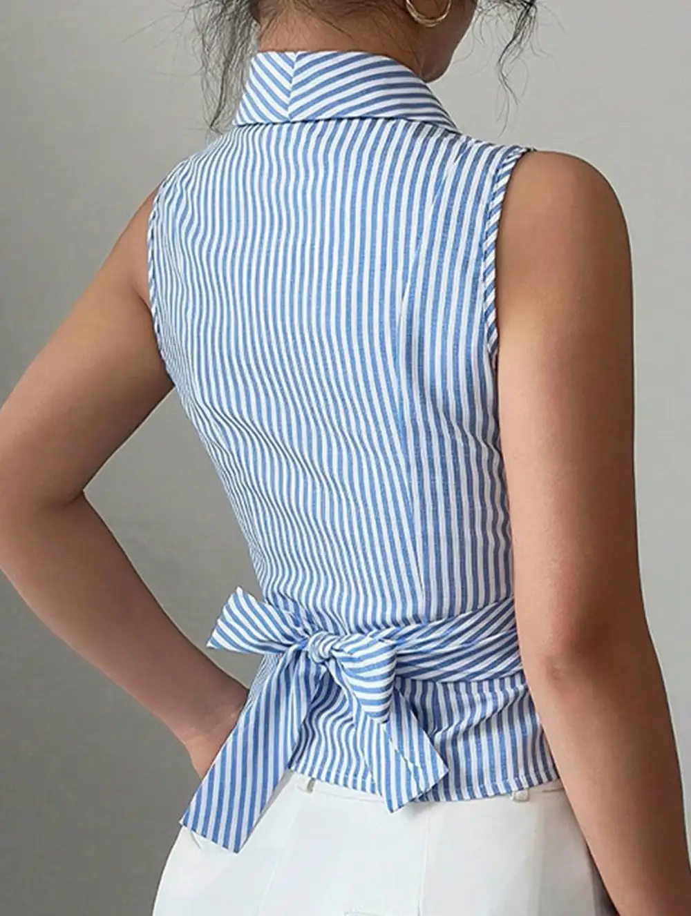 Stripe Sleeveless Tie Waist Shirt Top