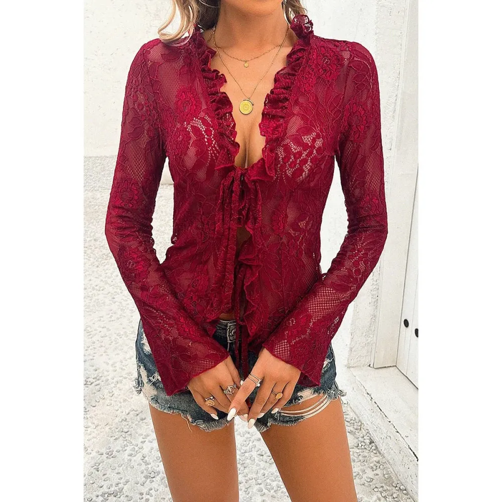 Lace Trim Ruffle Trim Knot Detail Top