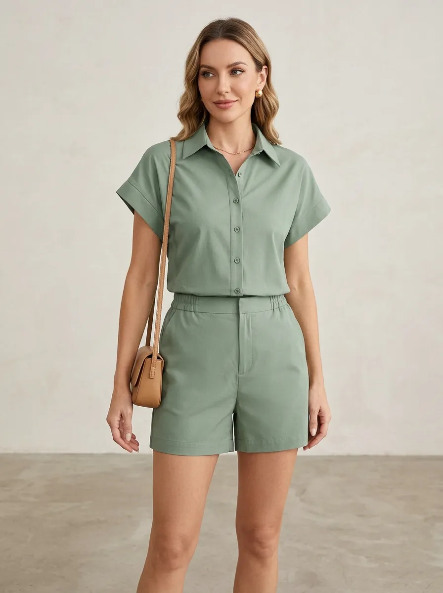 Linen-Blend Button-Down Short-Sleeve Casual Commuter Set