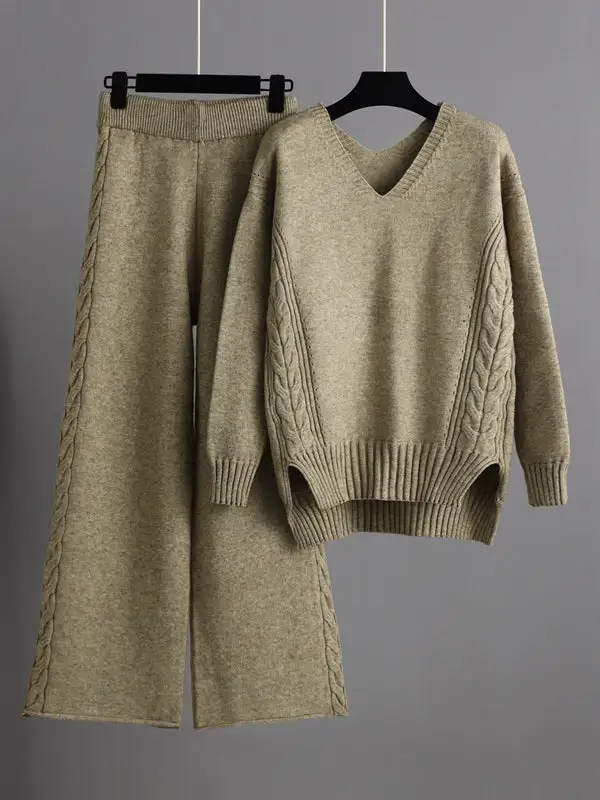 Relaxed Long Sleeve V Neck Sweater And Pants Set