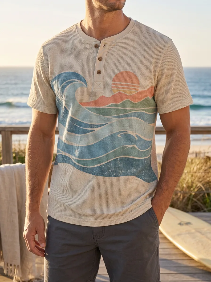 Men's Classic Beach Surfer Ocean Wave Sunset Henley T-Shirt