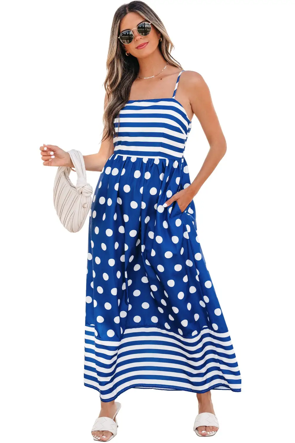 Clean Line Striped Polka Dot High Waist Maxi Dress