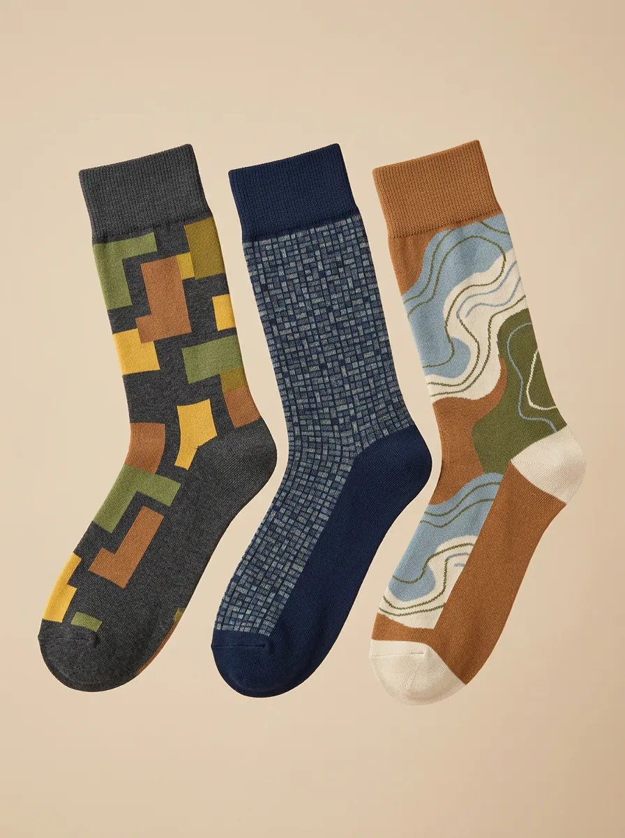 Men's Geometric Abstract Pattern Print Features Ribbed Cuff 3-Pack Socks