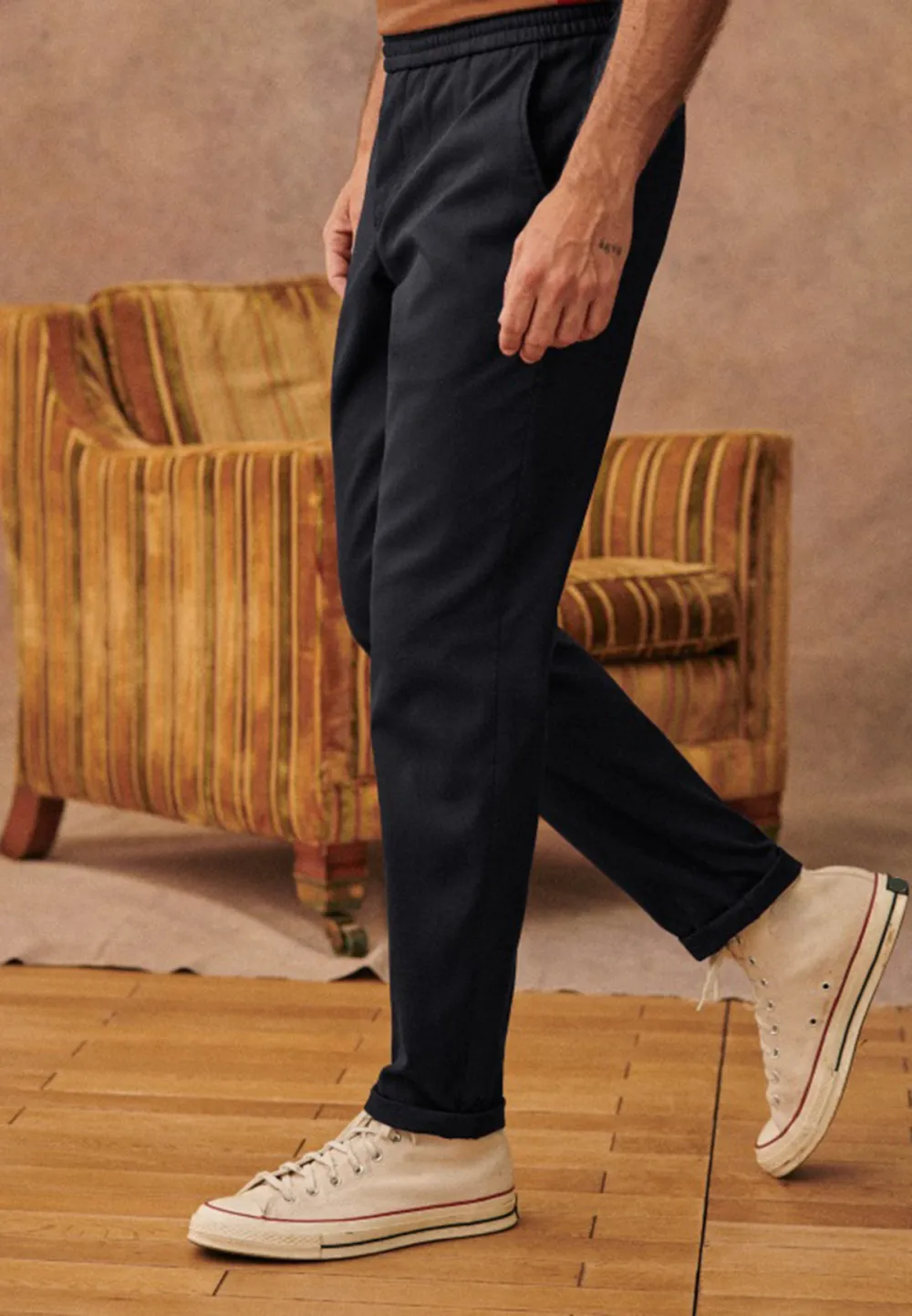 Olive Green Cotton Linen Blend Drawstring Trousers