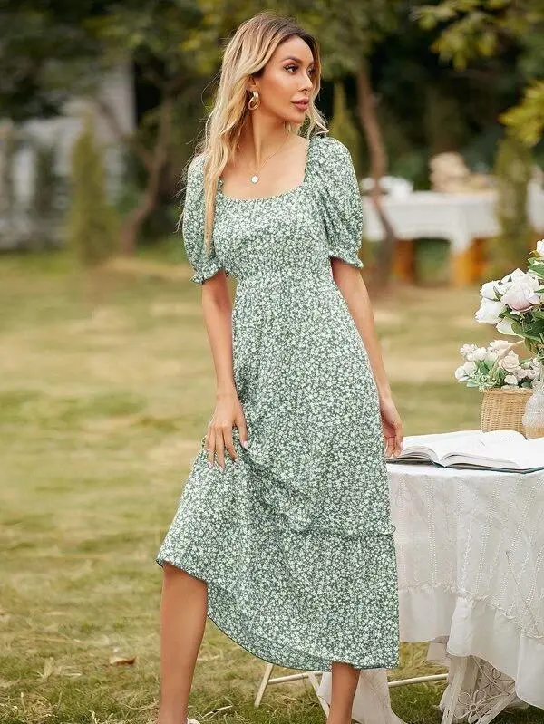 Women Square Neck Ditsy Floral Frill Trim Dress