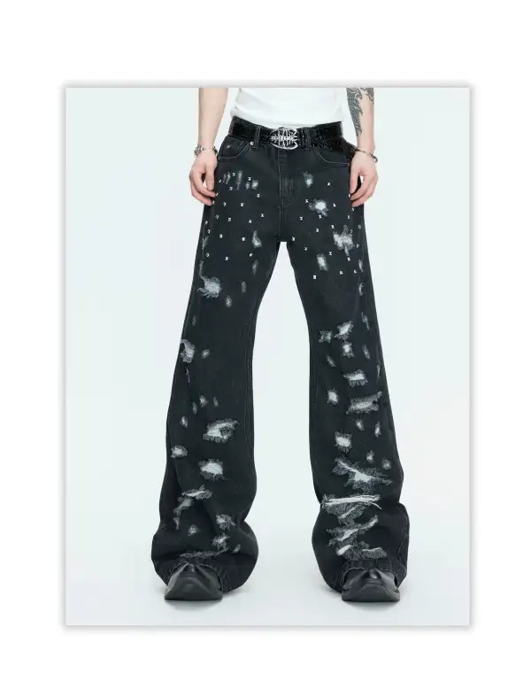 Distressed Studded Wide Leg Jeans