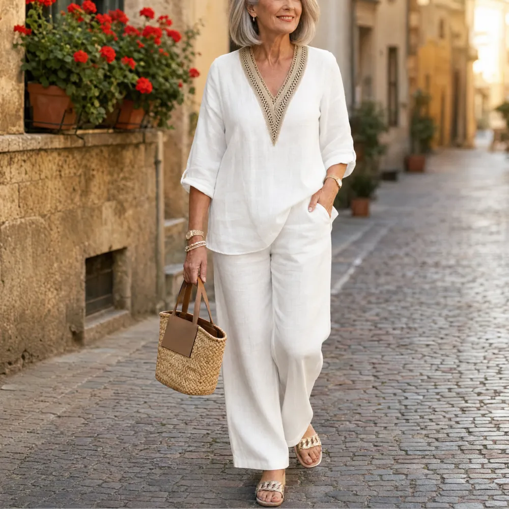 Crochet V Neck Linen Set