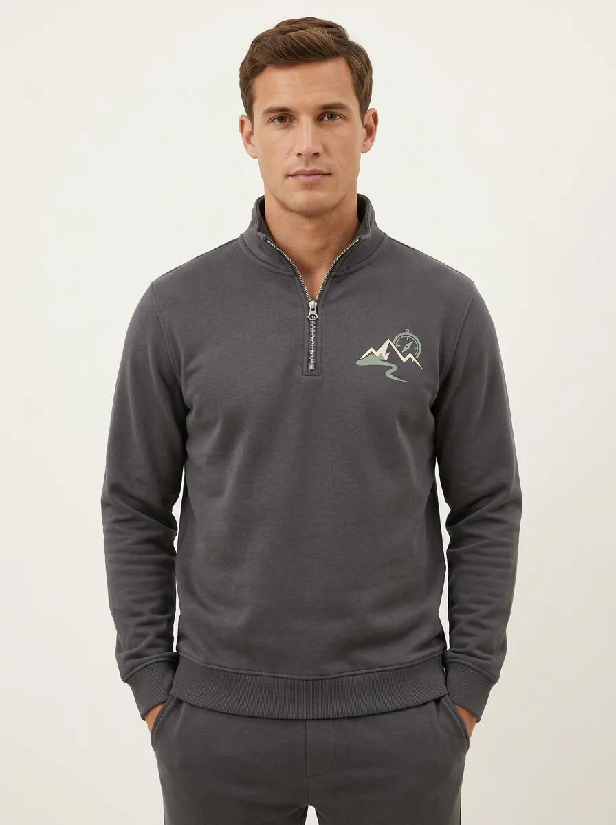 Men's Hiking Mountain Compass Graphic Zip-Neck Sweatshirt