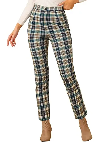 Women's Plaid Cropped Trousers Button Casual Tartan Check Work Pants