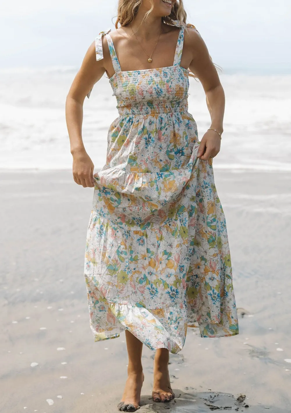 Smocked Tied Shoulder Maxi Dress