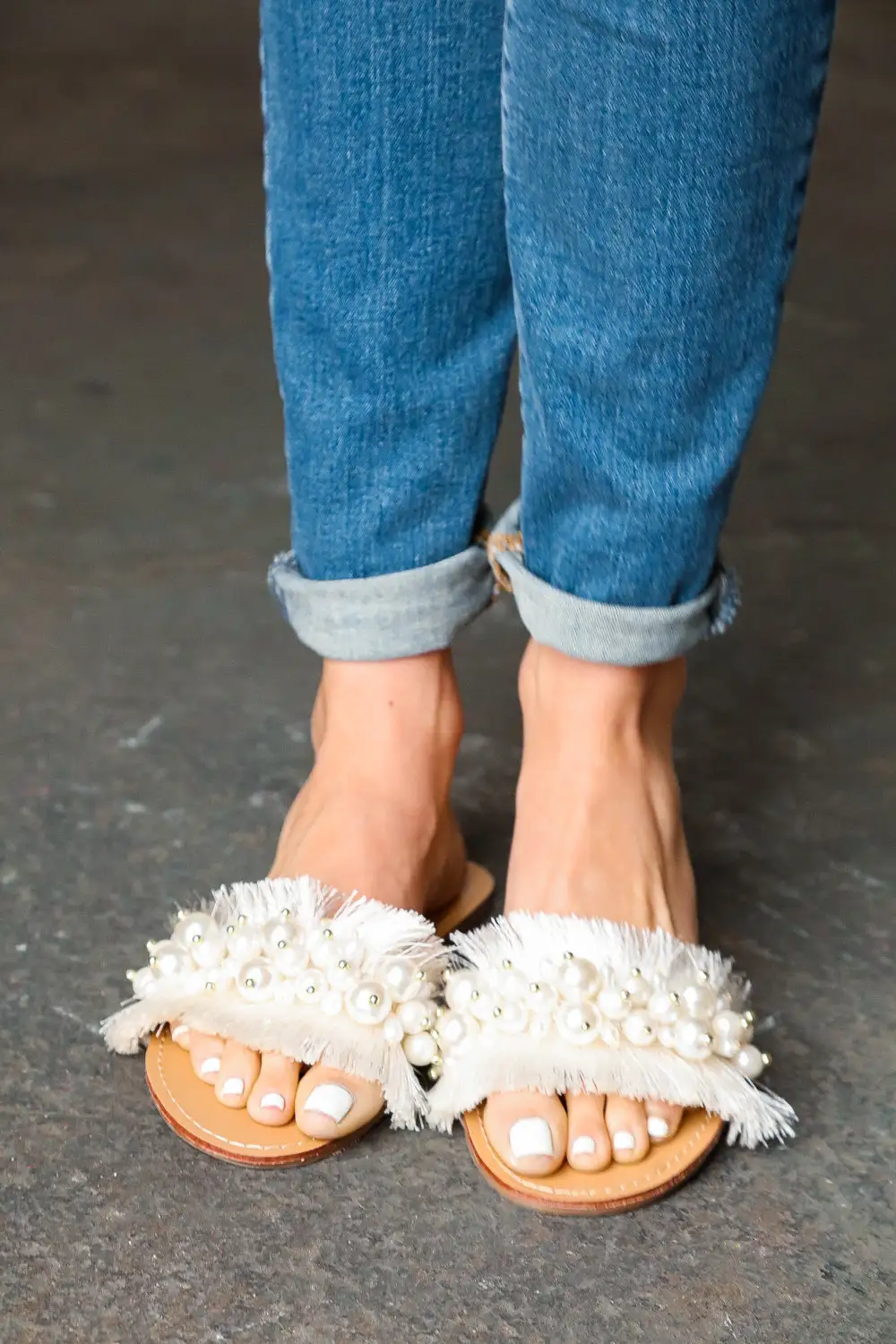 Linen Fray Faux Pearl Slide Sandal