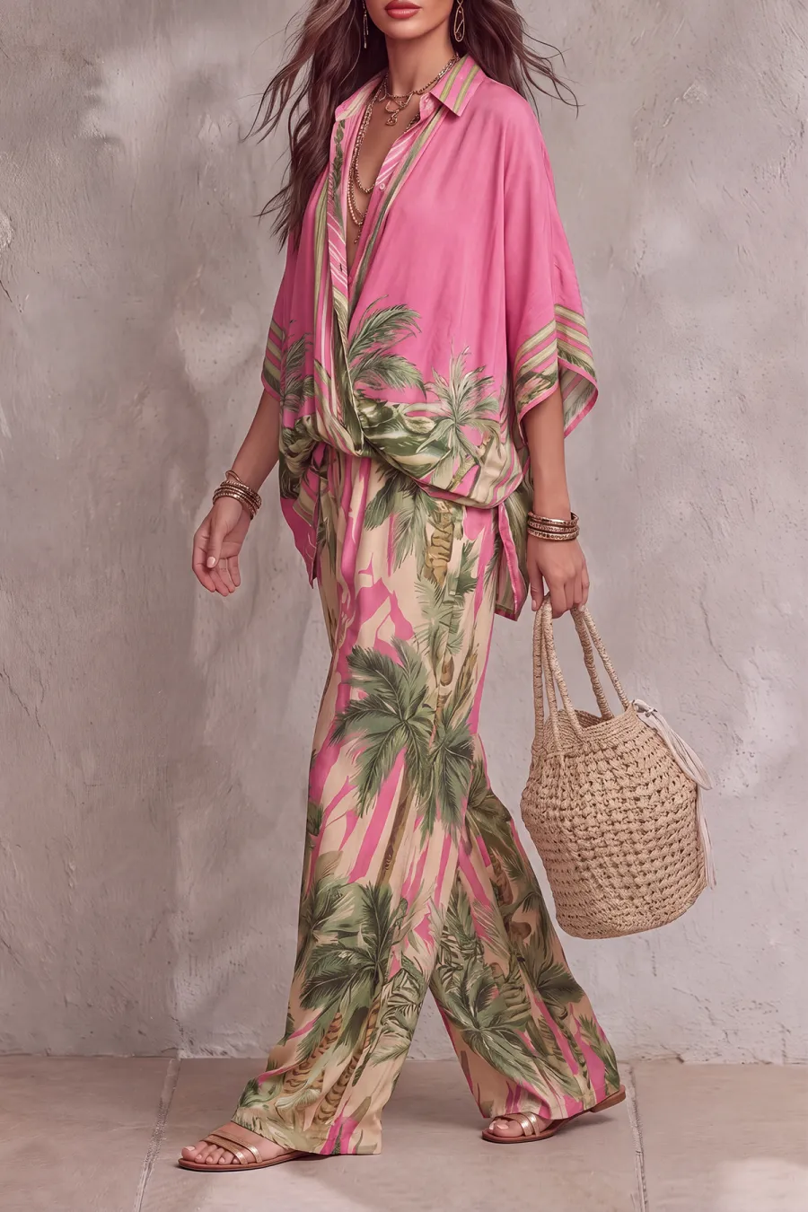Batwing Sleeve Printed Matching Pants Set