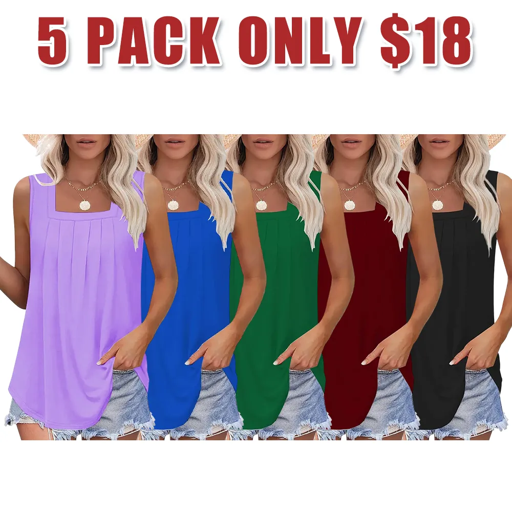 Summer Tank Tops for Women Loose Fit Pleated Square Neck Sleeveless Tops