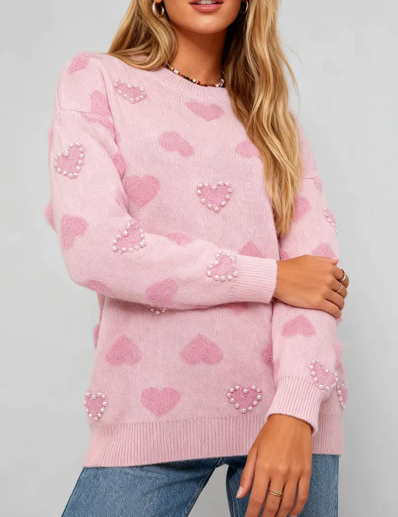 Valentine Heart Pattern Round Neck Bead Sweater