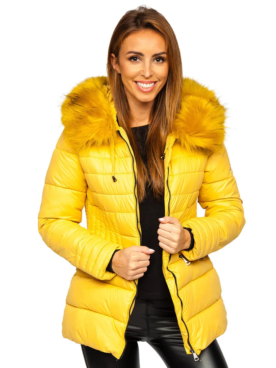 Women's yellow quilted winter jacket with hood