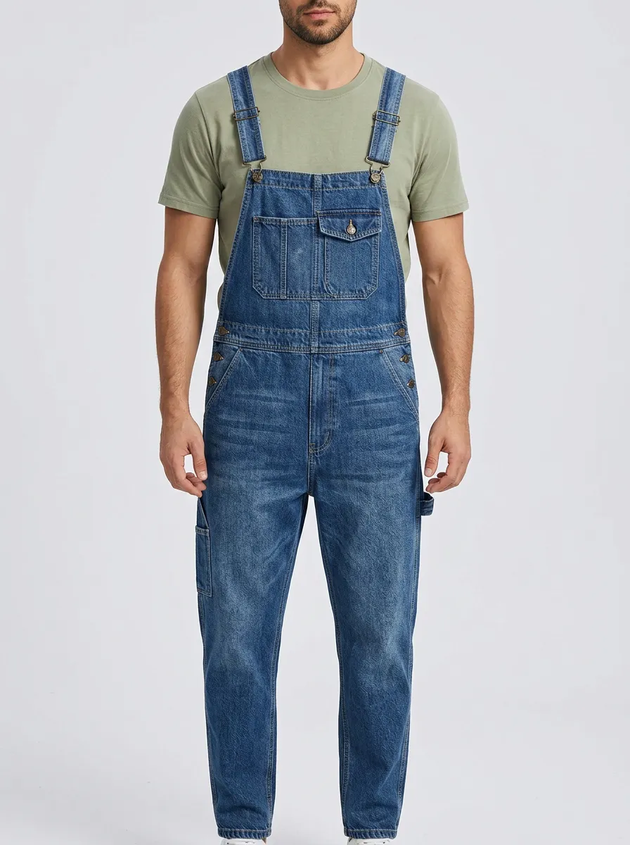 Men's Casual Vintage Blue Denim Bib Overalls
