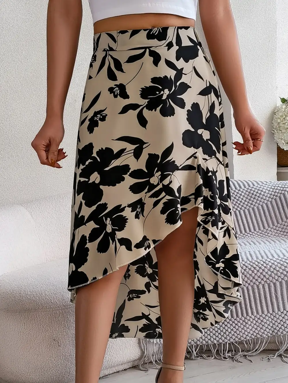 Floral Ruffle Irregular Midi Skirt