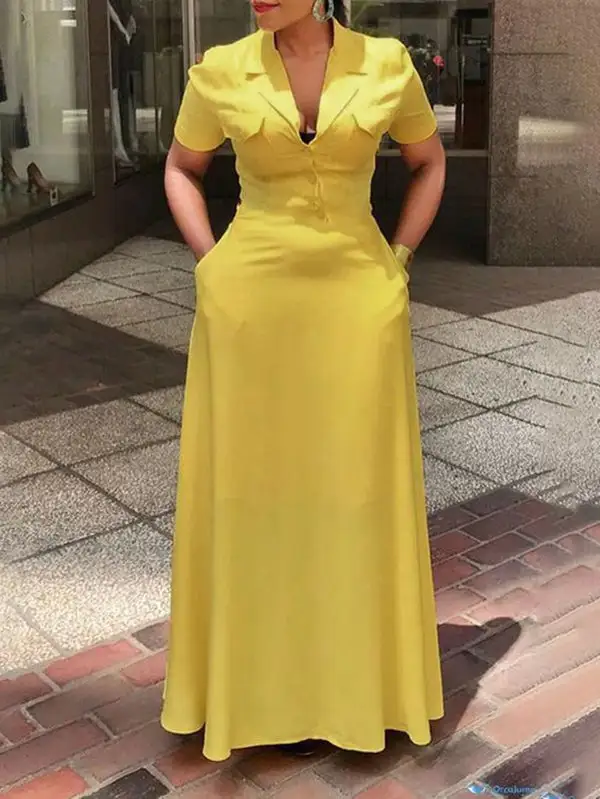 Pockets Buttoned Neck Maxi Dress