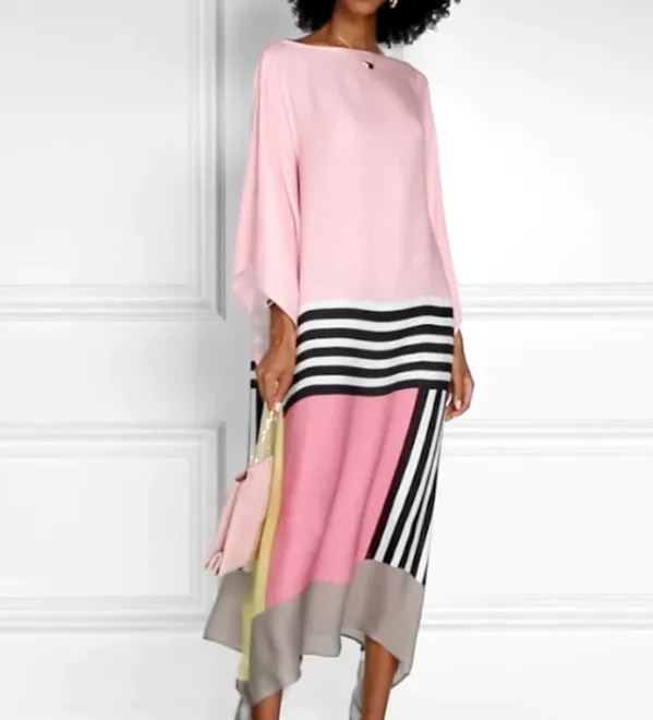 Satin Striped Contrast Bat Sleeve Midi Dress